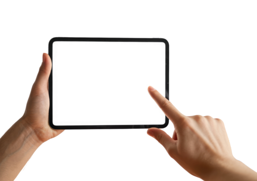 Hands holding a digital tablet with a blank screen, finger tapping it. Isolated on transparent background