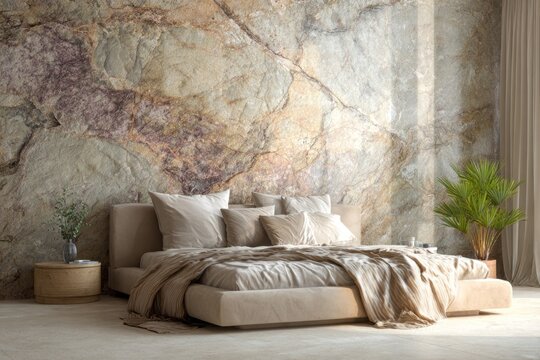 Modern bedroom features a striking natural stone accent wall.
