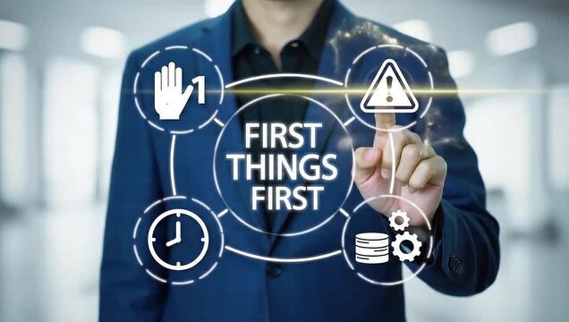 Business concept of first things first. Person holding wooden blocks with icons sees the inscription FIRST THINGS FIRST.