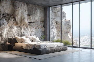 Bedroom carved into rock offers stunning panoramic ocean views.