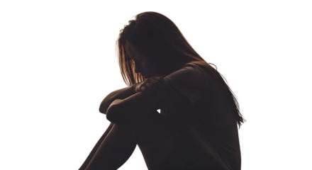 Silhouette of sad woman sitting alone, conceptualizing depression, loneliness, stress, and mental health issues isolated PNG with Transparent Background