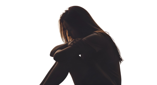 Silhouette of sad woman sitting alone, conceptualizing depression, loneliness, stress, and mental health issues isolated PNG with Transparent Background
