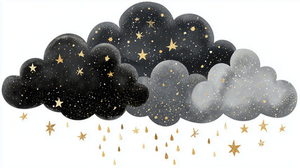 Vector-style illustration of layered black and gray clouds on a clean white background, sprinkled with gold glitter and star motifs. Golden teardrop raindrops and scattered stars fall.