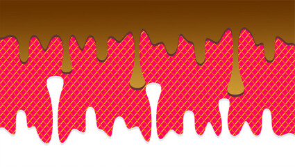 Milk drip on waffle pattern background. Dripping milk illustration. Ice cream drip on waffle background. Hand-drawn brown and white milk drip on waffle background.