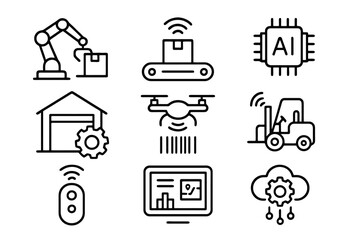 Set of 9 minimalist black icons representing smart logistics systems like AI, cloud data, and autonomous machines, ideal for supply chain and warehouse design.
