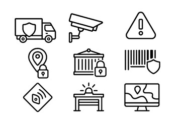 Black thin line vector icons of transport safety and logistics control including GPS, RFID, and camera, perfect for delivery, monitoring, and tracking design.