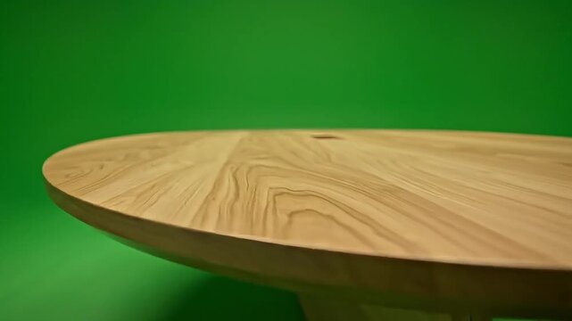 Close-up of a smooth wooden tabletop with natural grain patterns against a vibrant green background