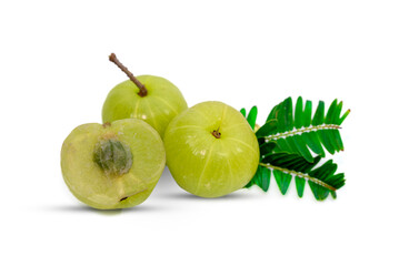 Flat lay of Amla (Indian gooseberry) powder with fresh fruits isolated on white background. Herbal