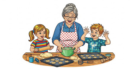 grandmother and grandchildren baking cookies