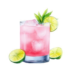 Refreshing pink cocktail with lime and mint, watercolor illustration