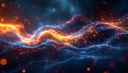 Abstract wave of glowing particles in blue and orange flows across a dark background. Dynamic light trails and vibrant energy evoke themes of data, motion, and futuristic technology.