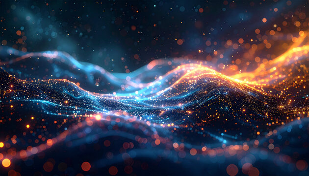 Abstract wave of glowing particles in blue and orange flows across a dark background. Dynamic light trails and vibrant energy evoke themes of data, motion, and futuristic technology.