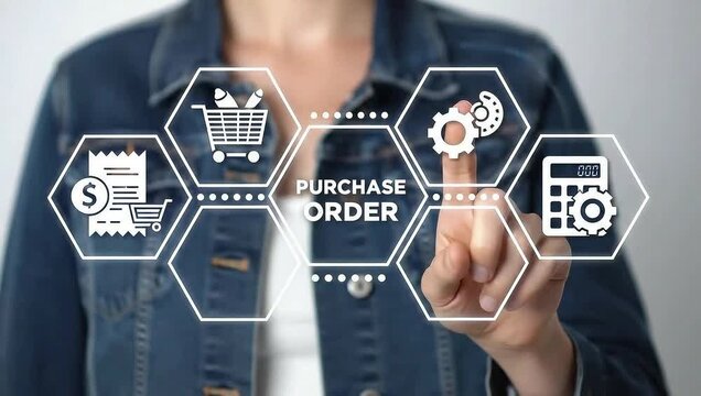 Man using virtual touch screen presses inscription PURCHASE ORDER. Purchase Order Form Payslip Business E-Commerce Concept