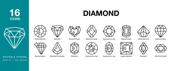 Diamond icon set. Includes diamond, gemstone, jewel, crystal, precious and More. Editable Stroke Icon Collection.