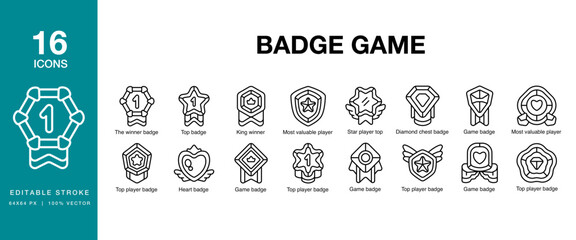 Badge Game icon set. Includes badge, game, achievement, trophy, medal and More. Editable Stroke Icon Collection.