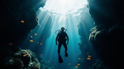 scuba diver exploring a vibrant coral reef in crystal-clear blue ocean water | travel, nature, adventure, underwater, ocean theme