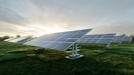 Solar panels in the sunset on a vast, stretching green field