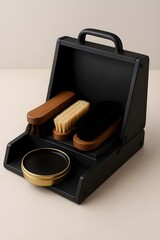 Portable folding shoe polishing kit with wooden brushes