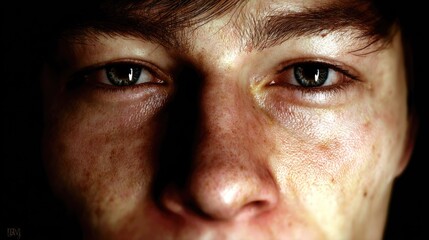 Close-up of a Young Adult Male Face with Intense Eyes and Subtle Skin Texture Featuring Natural Lighting Effects