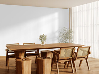 Scandinavian Dining Room PNG with Transparent Wall, Wooden Table, Natural Chairs and Daylight Window