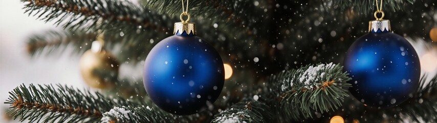 festive christmas tree branch decorated with blue ornament and gold sparkle against snowy background | holiday, christmas, winter, decoration, celebration theme