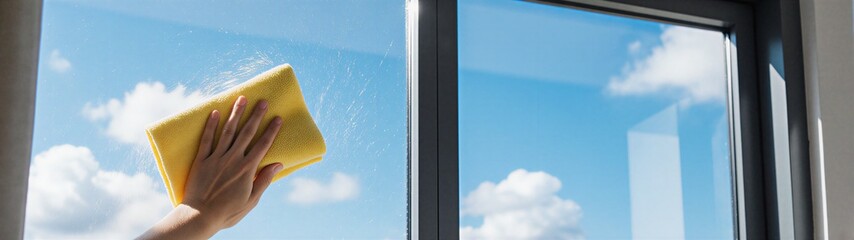 hand wiping a window with a yellow cloth, clear view of a bright blue sky visible through | cleaning, home, lifestyle, spring, maintenance theme