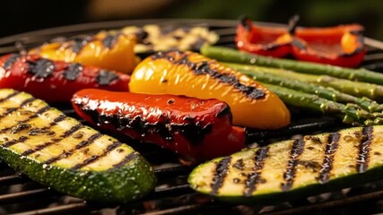 Colorful assorted vegetables like zucchini, peppers, and asparagus cooking on a barbecue grill. - Powered by Adobe