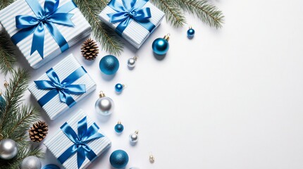 festive blue and silver christmas gifts with winter decorations on white background | christmas, holiday, winter, gift, celebration theme