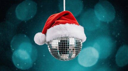festive disco ball adorned with a classic red santa hat during the holiday season | christmas, party, holiday, newyear, decoration theme
