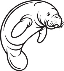 Manatee Line Art Illustration – Black and White Vector Depicting Graceful Aquatic Movement and Marine Conservation