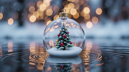 festive miniature christmas tree inside glass ornament floating serenely on water surface | christmas, holiday, winter, celebration, festive theme