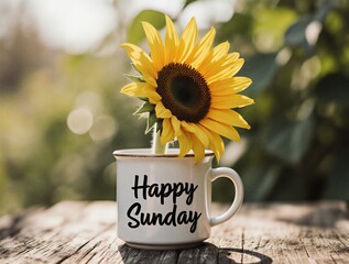warm morning coffee mug with vibrant yellow flower, cheerful sunday vibes | breakfast, relax, greeting, lifestyle, weekend theme