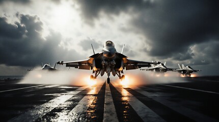 three military jets accelerating down a runway during takeoff in a cloudy sky | military, transportation, aviation, defense, technology theme
