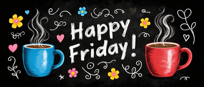 cozy friday morning chalkboard illustration with steaming coffee and floral accents | greeting, morning, celebration, invitation, lifestyle theme