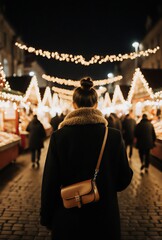 woman enjoying the vibrant atmosphere of a festive winter market at night | festive, travel, lifestyle, winter, holiday theme