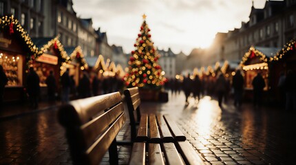 empty wooden table at christmas market with blurred bokeh lights and festive decorations | christmas, holiday, celebration, festive, greeting theme