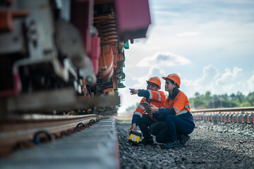 Construction engineer inspecting railway track industrial documents in hand while examining rail...