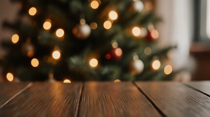warm wooden table top displaying festive holiday cheer, blurred christmas tree in background | christmas, new year, home decor, product display, seasonal theme
