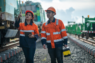 Construction engineer inspecting railway track industrial documents in hand while examining rail...