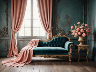 romantic rococo boudoir with velvet chaise lounge and pink floral arrangement | interior, decoration, romanticism, vintage, beauty theme