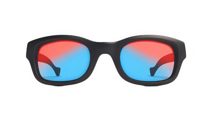 A close up shot of black framed 3d glasses with red and blue lenses on a black background