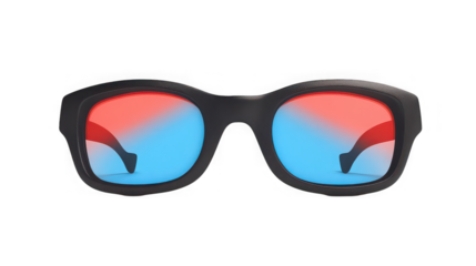 A close up shot of black framed 3d glasses with red and blue lenses on a black background