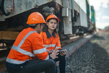 Construction engineer inspecting railway track industrial documents in hand while examining rail...
