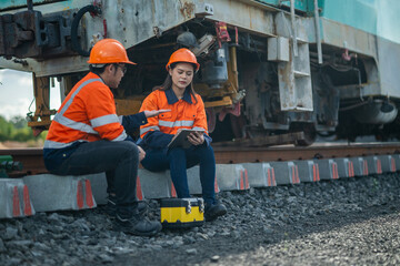 Construction engineer inspecting railway track industrial documents in hand while examining rail...