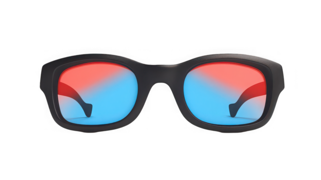 A close up shot of black framed 3d glasses with red and blue lenses on a black background