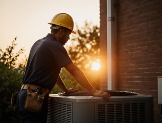 hvac technician performing maintenance on outdoor unit at dusk with golden sunlight | home improvement, energy, repair, industry, outdoors theme
