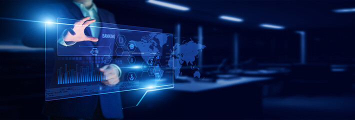 Banker pointing to banking dashboard with analysis of financial transactions, loan approvals, customer data, credit performance, risk assessment, and digital payment efficiency.