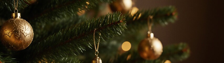 festive christmas tree adorned with golden ornaments against a dreamy green bokeh backdrop | holiday, christmas, celebration, luxury, festive theme