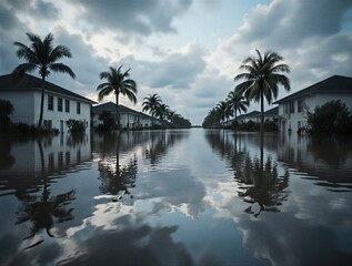 suburban homes inundated by rising floodwaters after severe tropical storm impact | climate change, natural disaster, environmental risk, property damage, resilience theme
