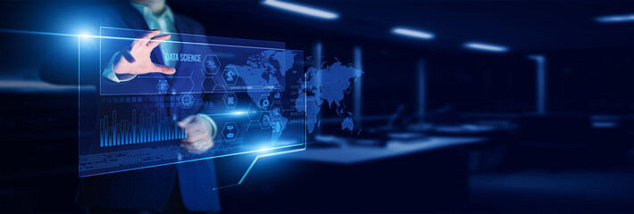 Data scientist pointing data science model with analyzing datasets, algorithm accuracy, prediction outcomes, statistical trends, and performance visualization metrics.